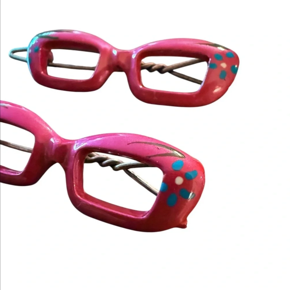 Vintage Cateye Glasses Barrettes Hair Clips, Hand Painted Pink, Deadstock, 2”